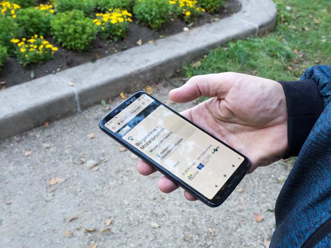 Auf der Eröffnung des virtuellen Lehrpfades „Wissensweg Stadtnatur Dresden“ ruft ein Teilnehmer mit dem Smartphone Informationen über Dresdner Stadtgrün und seine Ökosystemleistungen ab.