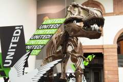 Planet A* - Die Ausstellung für *Artenvielfalt schmiegt sich an den T-Rex im Sauriersaal des Senckenberg Naturmuseums Frankfurt.